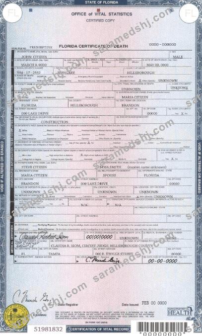 USA state Florida death certificate template in PSD format
